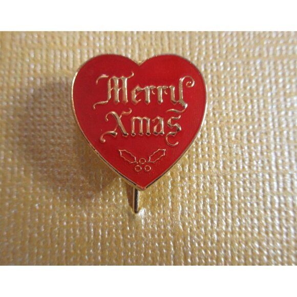 Vintage Red Heart Holly Script Merry Xmas Gold Tone Lapel/Hat Pin .75" x 2.5" - Picture 7 of 7